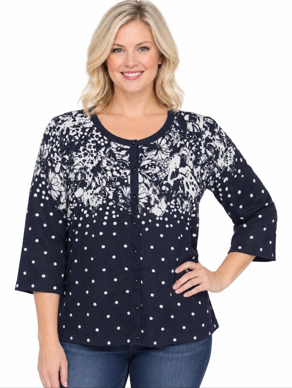 Cj Banks Cardigan Sweater Womens X Black White Floral Polka Dot Knit 3/4 Slv